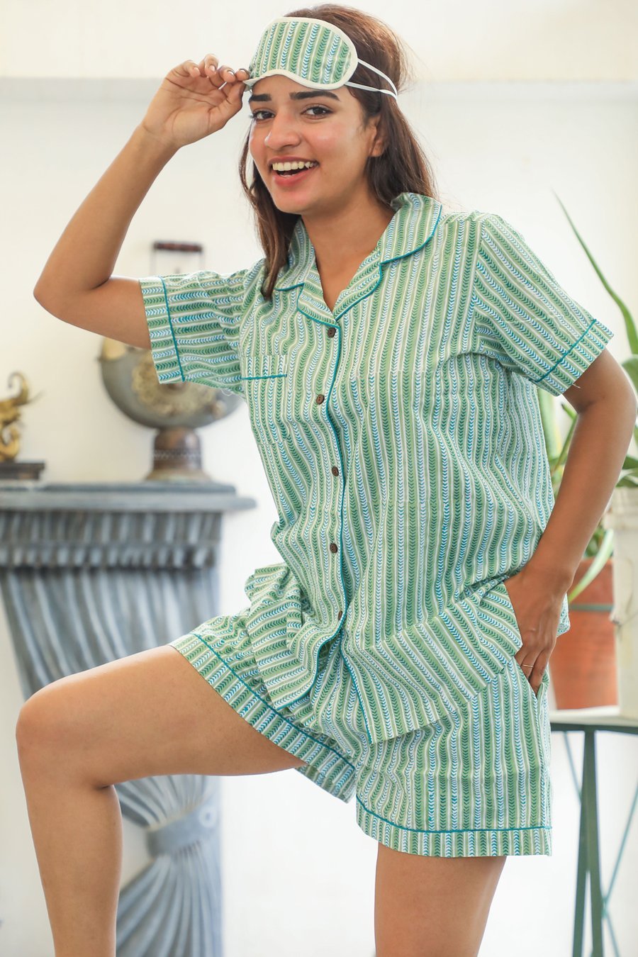 Sootisyahi 'Firm Mint ' Azofree Handblock Printed Pure Cotton Night Suit - SootiSyahi