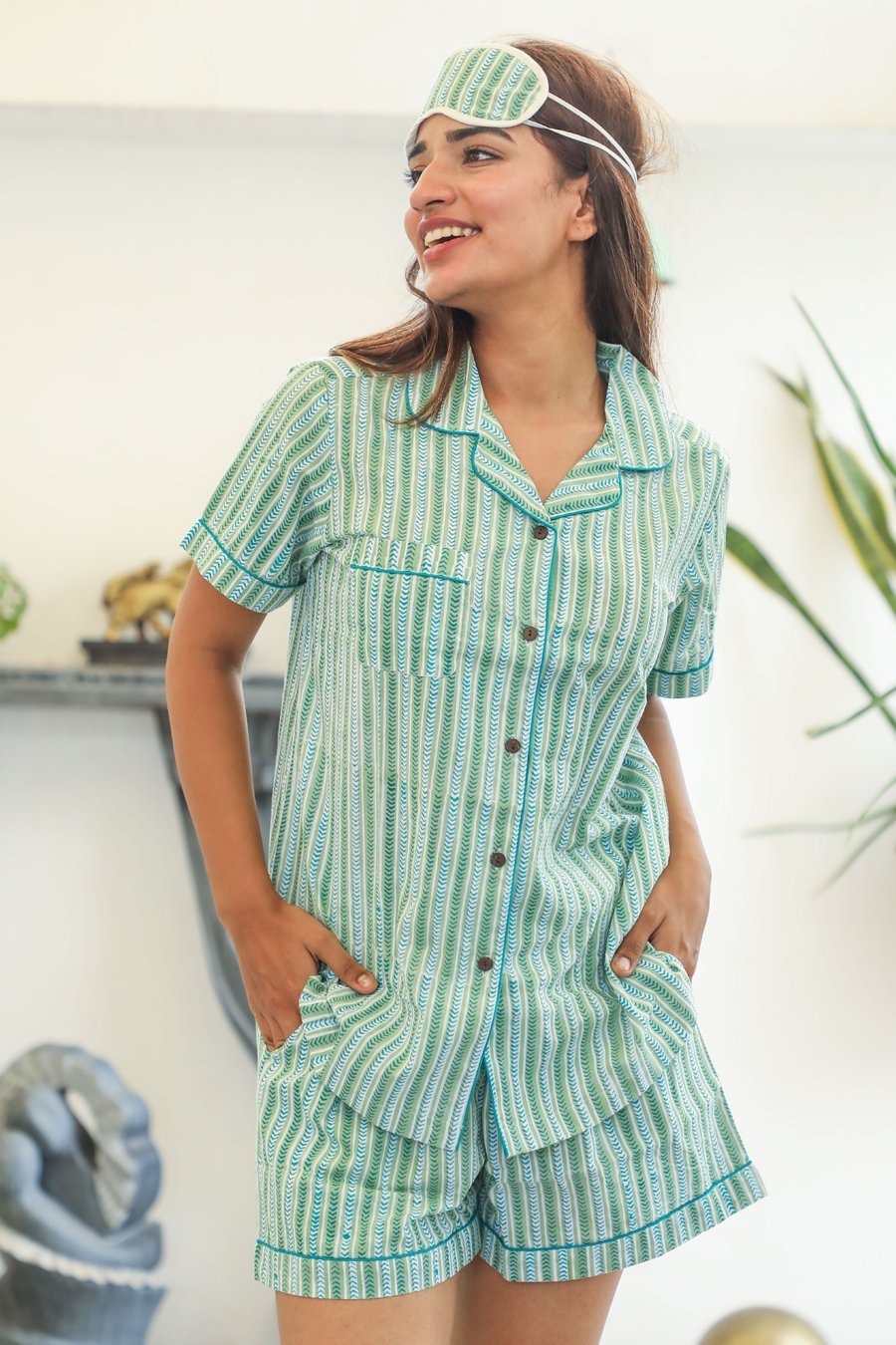 Sootisyahi 'Firm Mint ' Azofree Handblock Printed Pure Cotton Night Suit - SootiSyahi