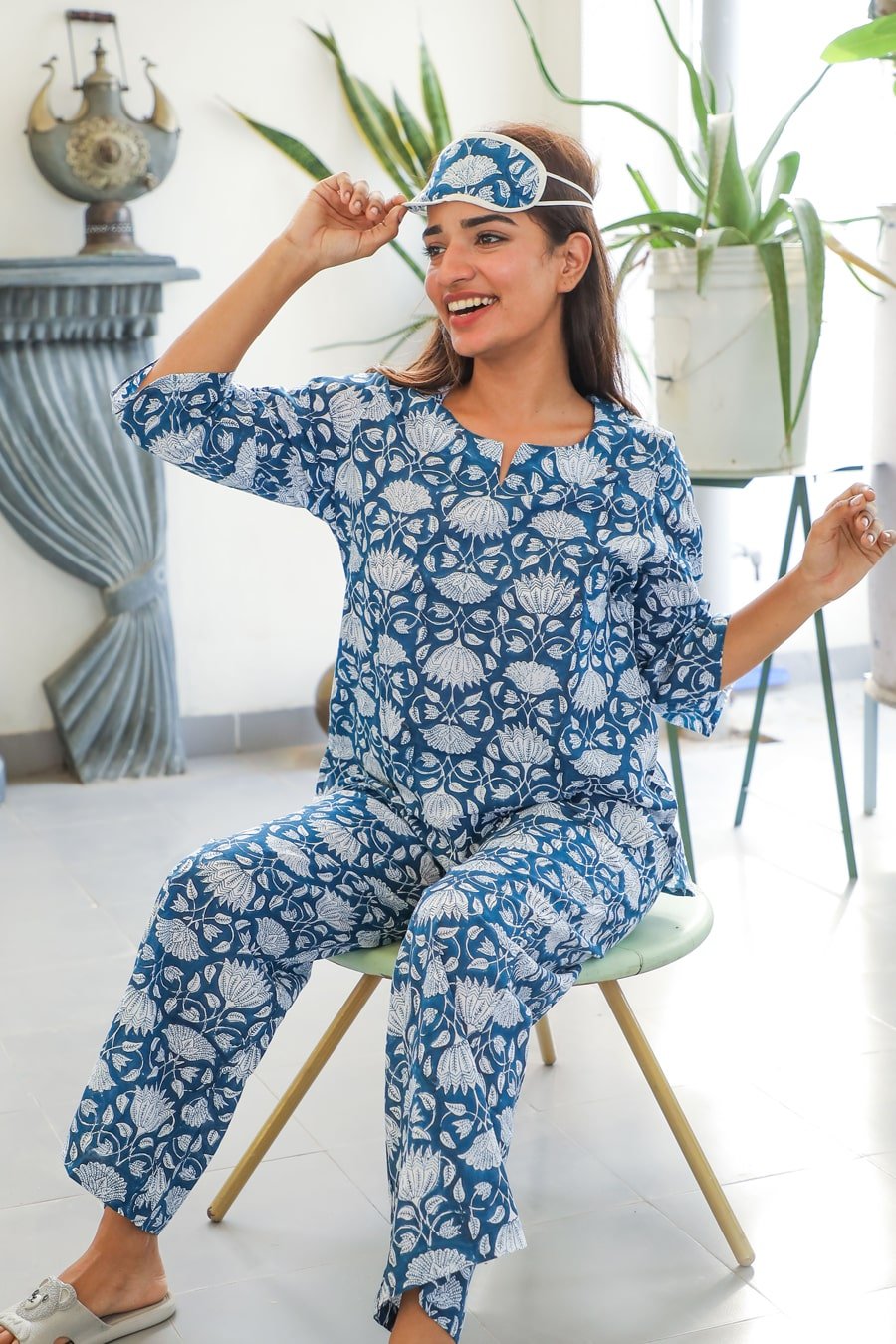 Sootisyahi 'Floral Blue ' Azofree Handblock Printed Pure Cotton Night Suit - SootiSyahi