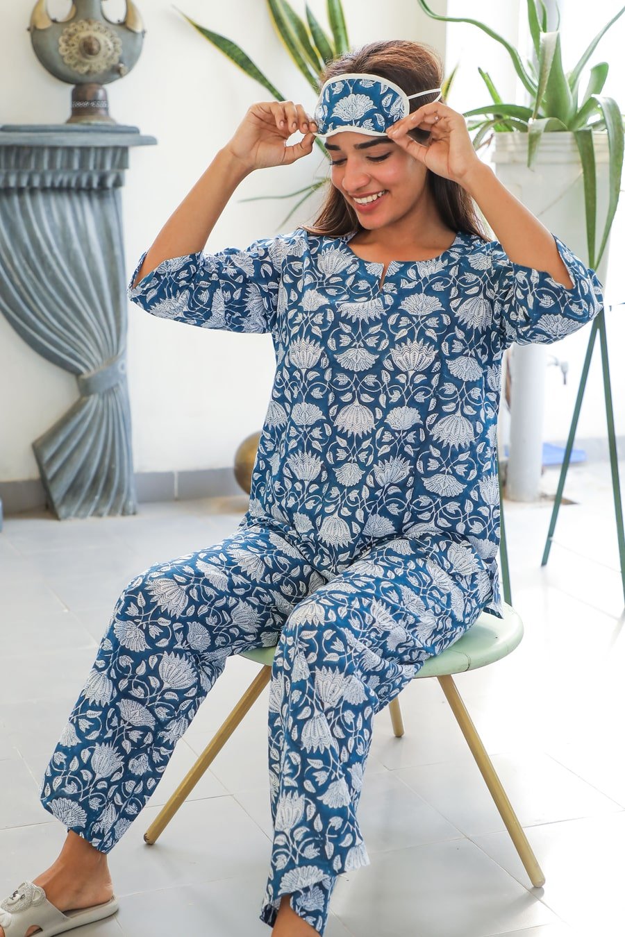 Sootisyahi 'Floral Blue ' Azofree Handblock Printed Pure Cotton Night Suit - SootiSyahi