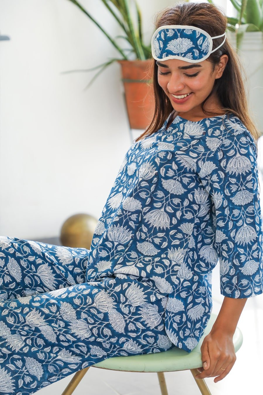 Sootisyahi 'Floral Blue ' Azofree Handblock Printed Pure Cotton Night Suit - SootiSyahi