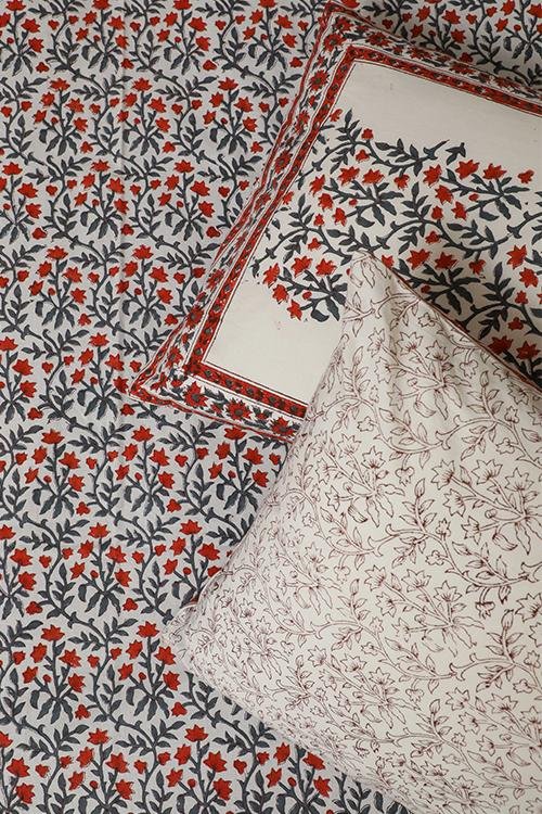 Sootisyahi 'Floral Crimson' Handblock Printed Cotton Bedsheet - SootiSyahi
