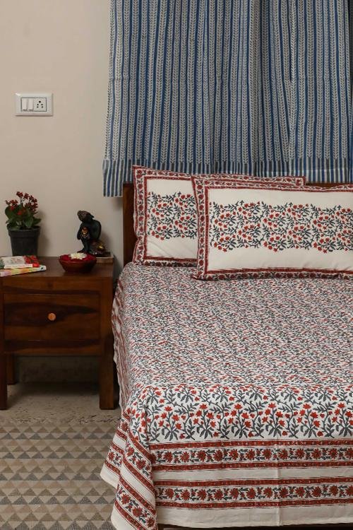 Sootisyahi 'Floral Crimson' Handblock Printed Cotton Bedsheet - SootiSyahi