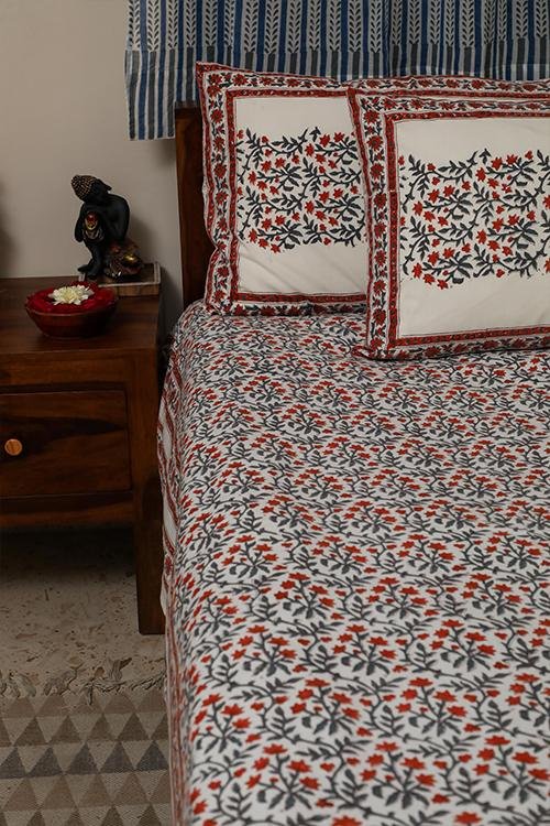 Sootisyahi 'Floral Crimson' Handblock Printed Cotton Bedsheet - SootiSyahi