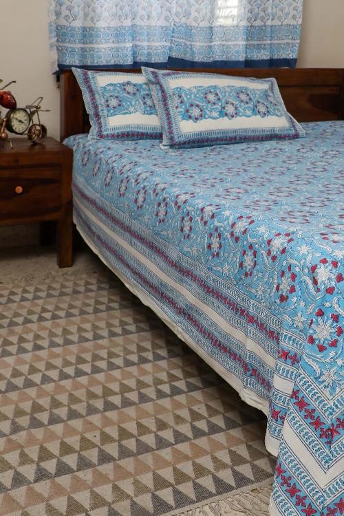 Sootisyahi 'Floral Mesh' Handblock Printed Cotton Bedsheet - SootiSyahi