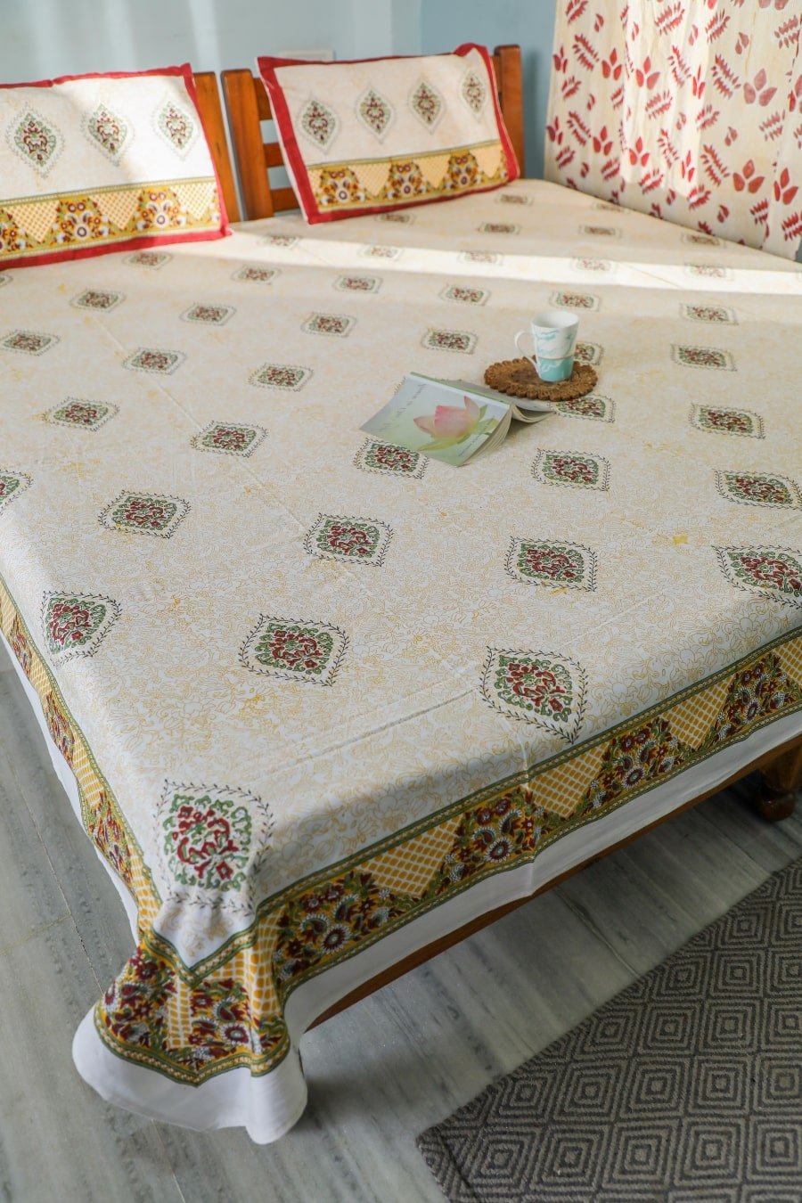 SootiSyahi 'Floral Monarch' Handblock Printed Cotton Bedsheet - SootiSyahi