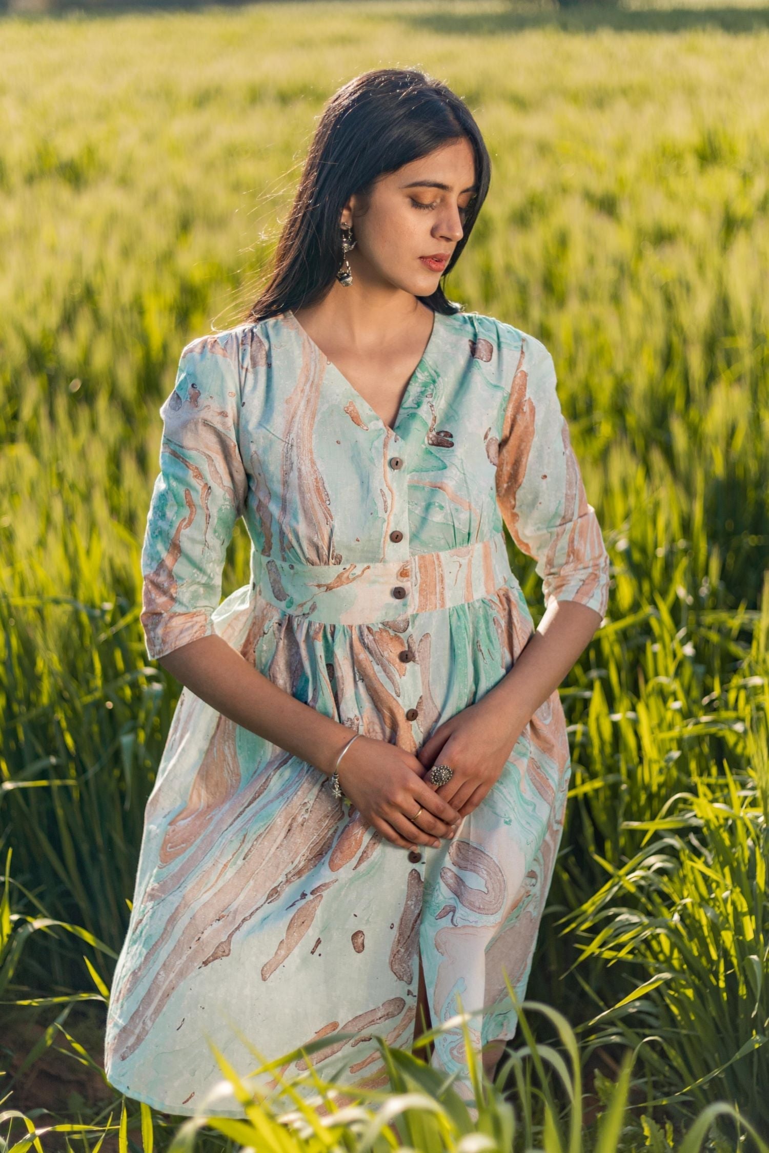 Sootisyahi 'Flow Rust' Handmarble Printed Pure Cotton Dress - SootiSyahi