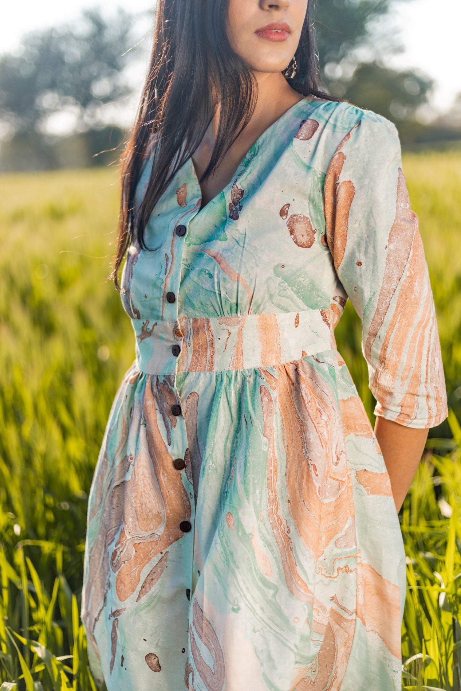 Sootisyahi 'Flow Rust' Handmarble Printed Pure Cotton Dress - SootiSyahi