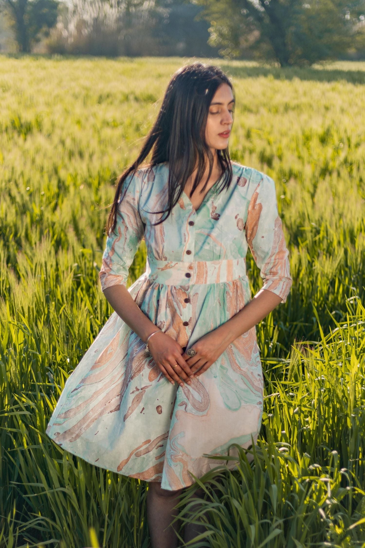 Sootisyahi 'Flow Rust' Handmarble Printed Pure Cotton Dress - SootiSyahi