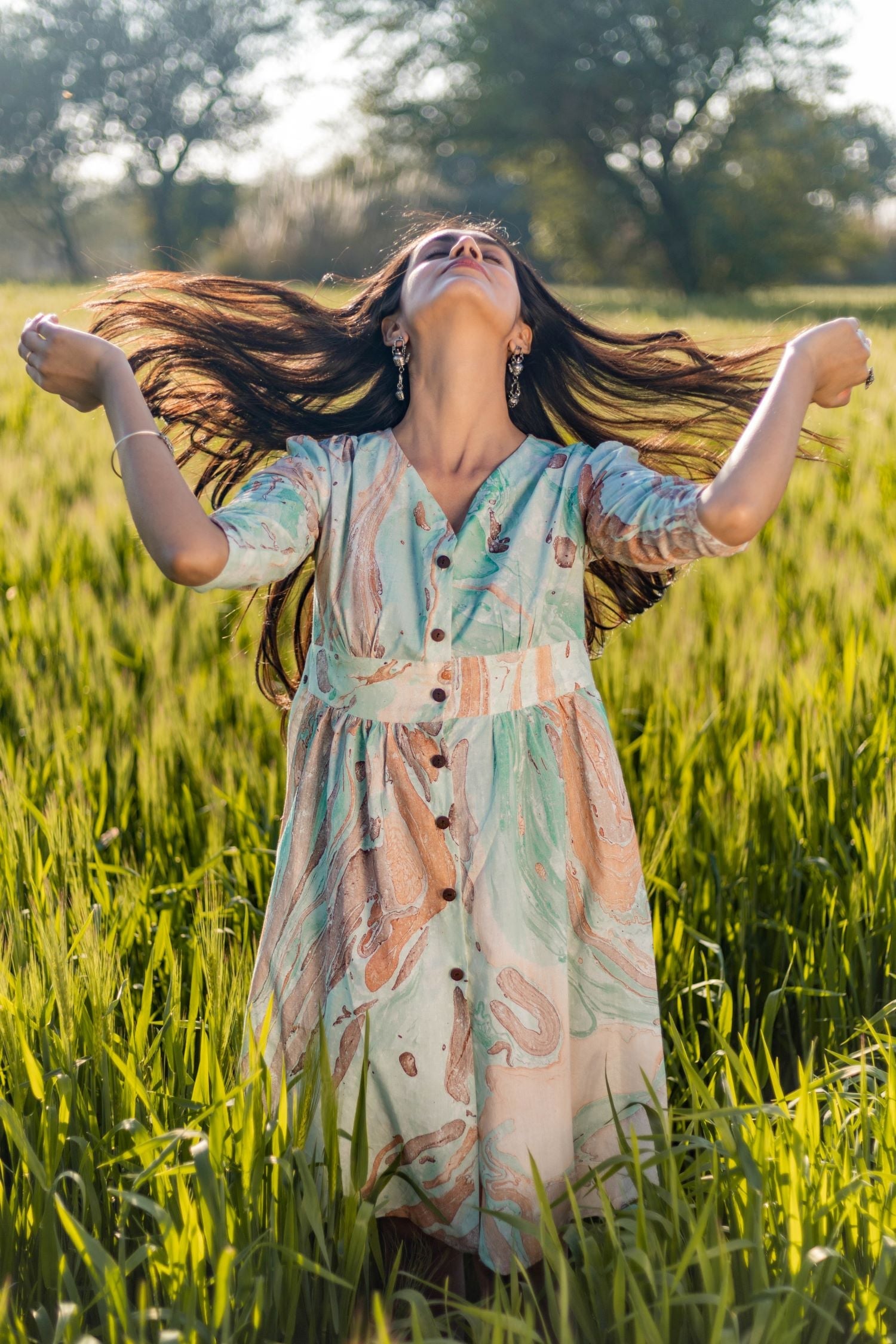 Sootisyahi 'Flow Rust' Handmarble Printed Pure Cotton Dress - SootiSyahi