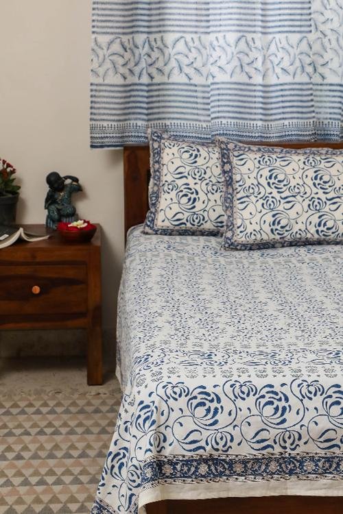 Sootisyahi 'Flowering Waves' Handblock Printed Cotton Bedsheet - SootiSyahi