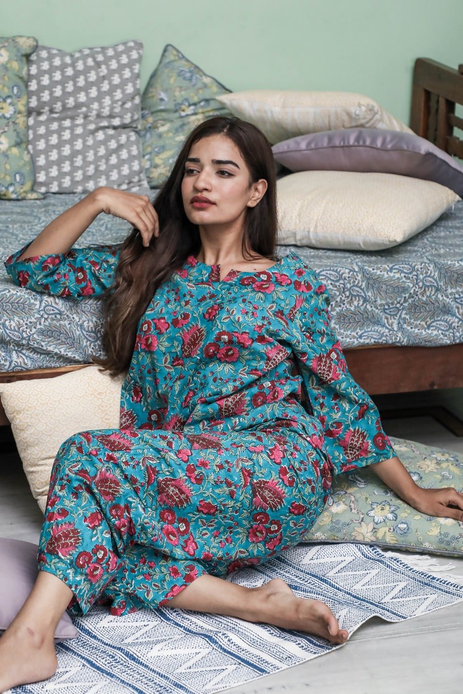 Sootisyahi 'Forest Fantasy ' Azofree Handblock Printed Pure Cotton Night Suit - SootiSyahi