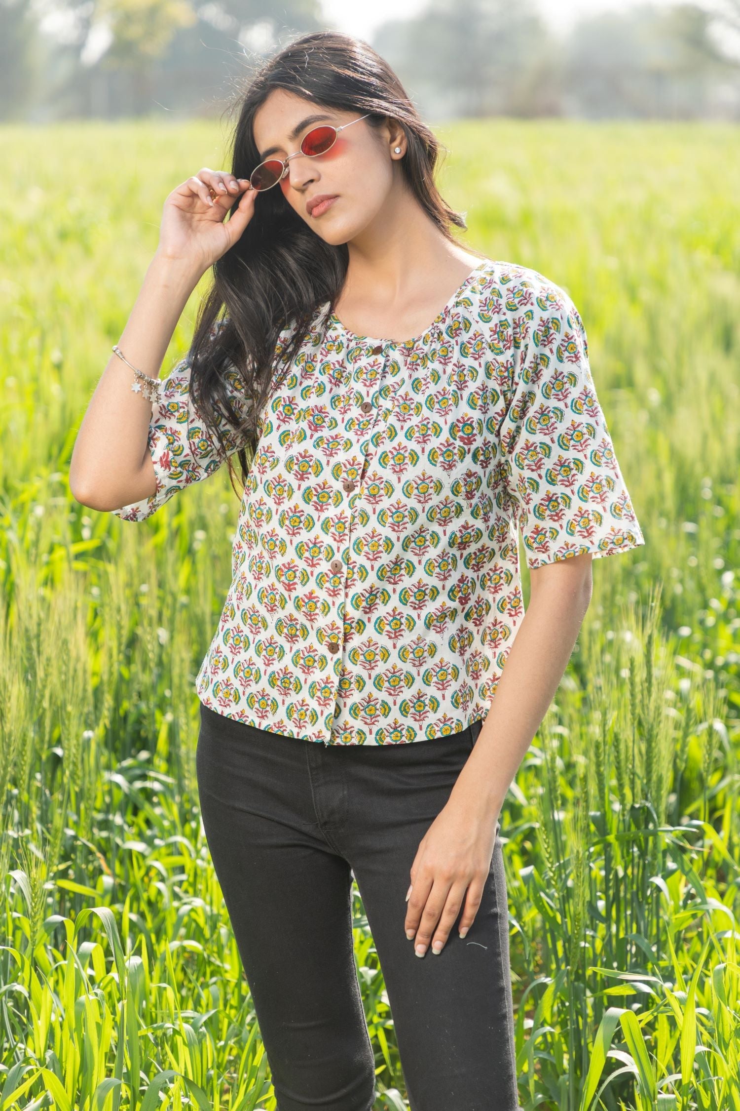 Sootisyahi 'Fresh Flora' Azofree Handblock Printed Pure Cotton Crop Top - SootiSyahi