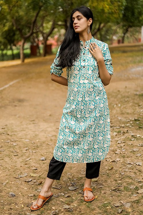Sootisyahi 'Garden Glory' Azofree Handblock Printed Pure Cotton Kurti - SootiSyahi