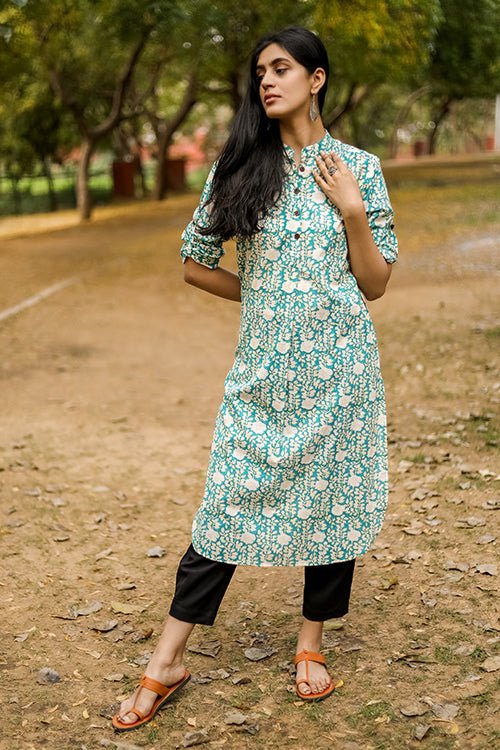 Sootisyahi 'Garden Glory' Azofree Handblock Printed Pure Cotton Kurti - SootiSyahi