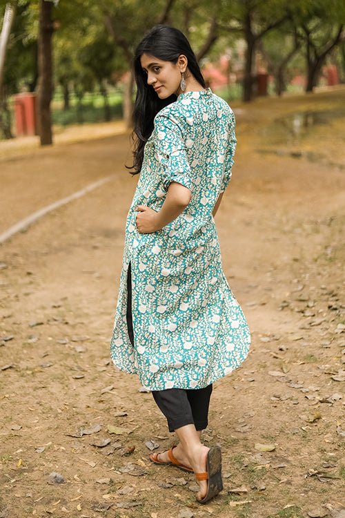 Sootisyahi 'Garden Glory' Azofree Handblock Printed Pure Cotton Kurti - SootiSyahi