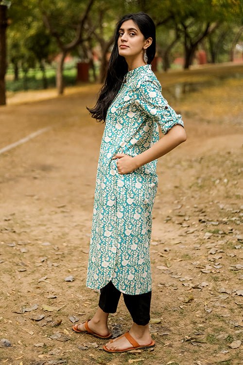 Sootisyahi 'Garden Glory' Azofree Handblock Printed Pure Cotton Kurti - SootiSyahi