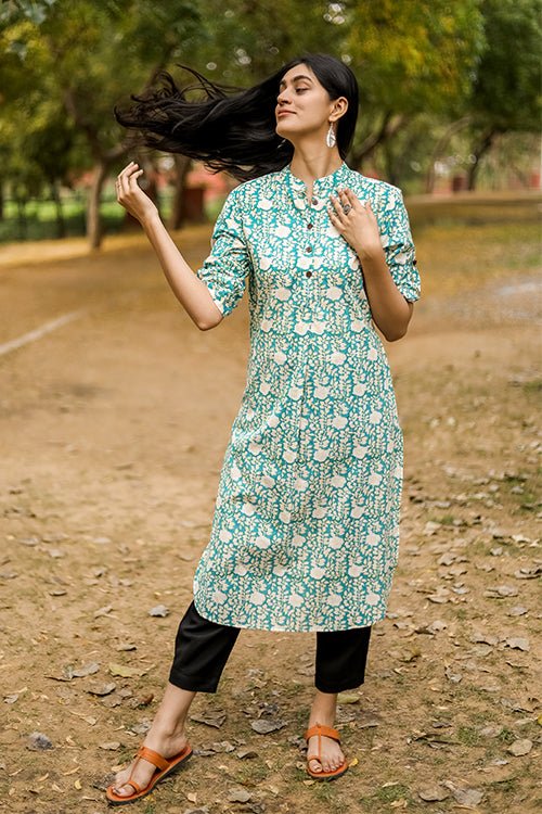 Sootisyahi 'Garden Glory' Azofree Handblock Printed Pure Cotton Kurti - SootiSyahi