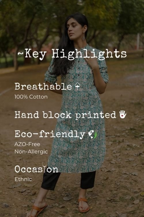 Sootisyahi 'Garden Glory' Azofree Handblock Printed Pure Cotton Kurti - SootiSyahi