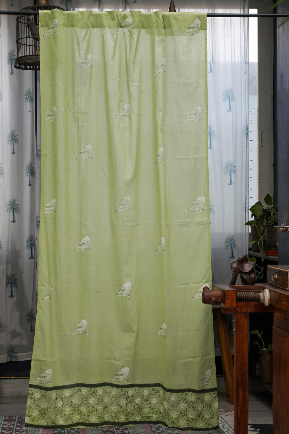SootiSyahi 'Garden Sparrow- Pastel Green' Handblock Printed Cotton Door Curatin - SootiSyahi