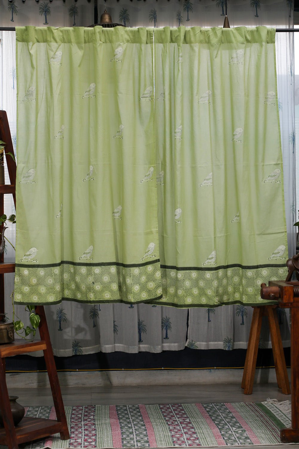 SootiSyahi 'Garden Sparrow- Pastel Green' Handblock Printed Cotton Window Curatin - SootiSyahi