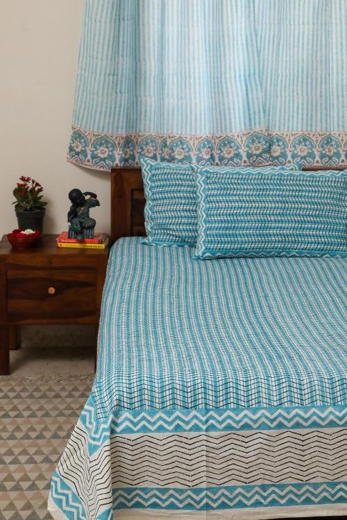 Sootisyahi 'Geometric Mesh' Handblock Printed Cotton Bedsheet - SootiSyahi