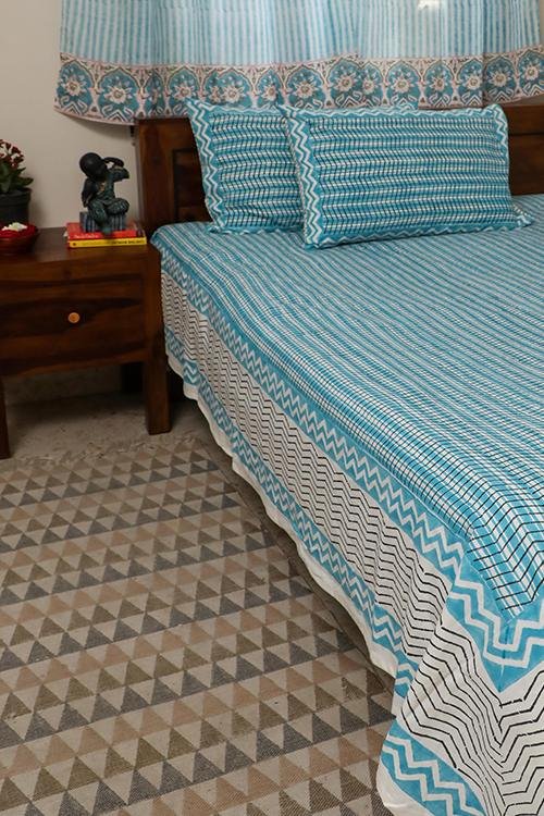 Sootisyahi 'Geometric Mesh' Handblock Printed Cotton Bedsheet - SootiSyahi