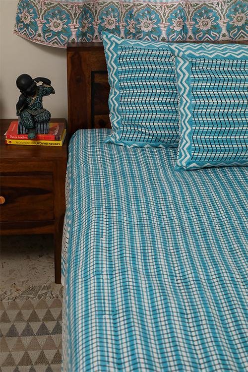 Sootisyahi 'Geometric Mesh' Handblock Printed Cotton Bedsheet - SootiSyahi