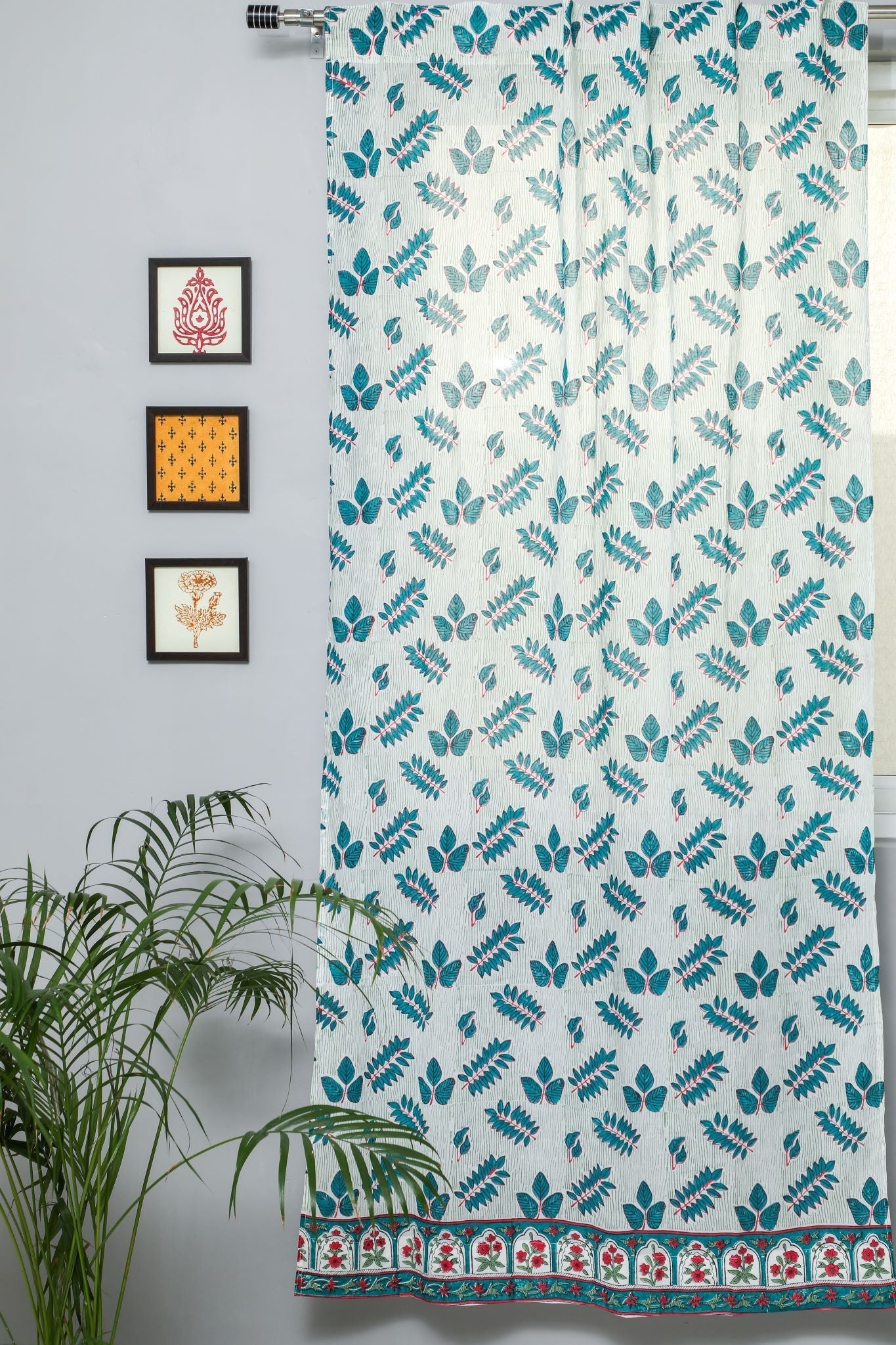 SootiSyahi 'Glow of Leaves' Handblock Printed Cotton Door Curtain - SootiSyahi