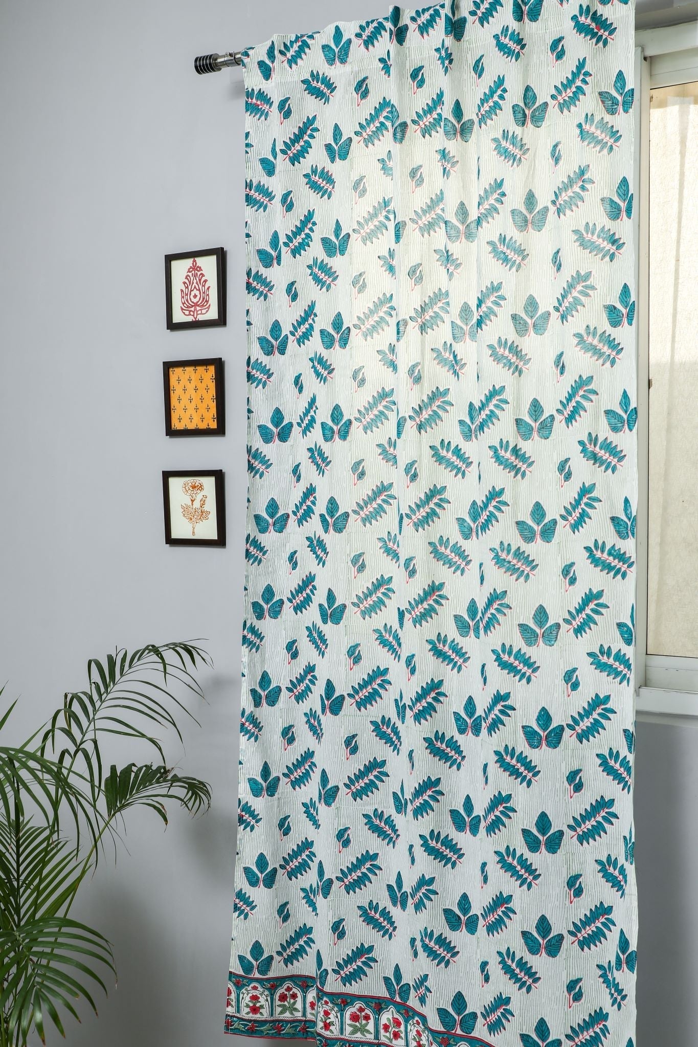 SootiSyahi 'Glow of Leaves' Handblock Printed Cotton Door Curtain - SootiSyahi