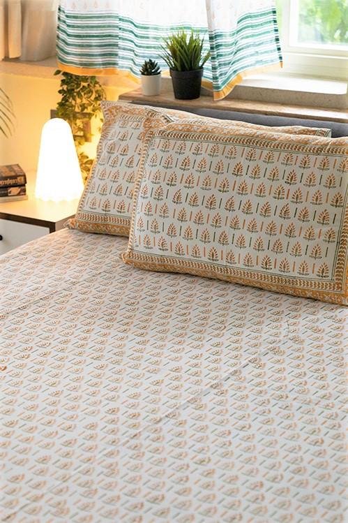Sootisyahi 'Grassy Golden' Handblock Printed Cotton Bedsheet - SootiSyahi