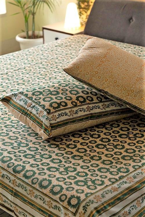 Handblock Printed Cotton Bed Sheets Online SootiSyahi Green Glow