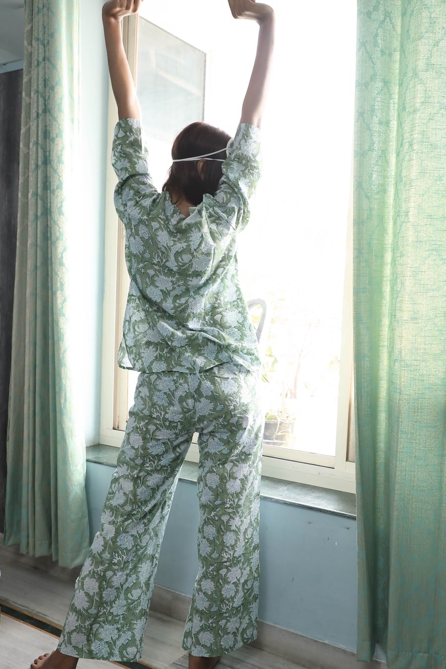 Sootisyahi 'Green Grassland ' Azofree Handblock Printed Pure Cotton Night Suit - SootiSyahi