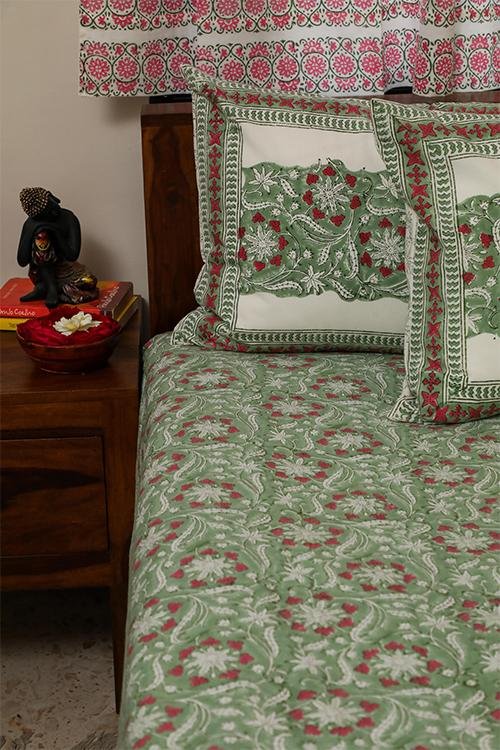 Sootisyahi 'Green Mesh' Handblock Printed Cotton Bedsheet - SootiSyahi
