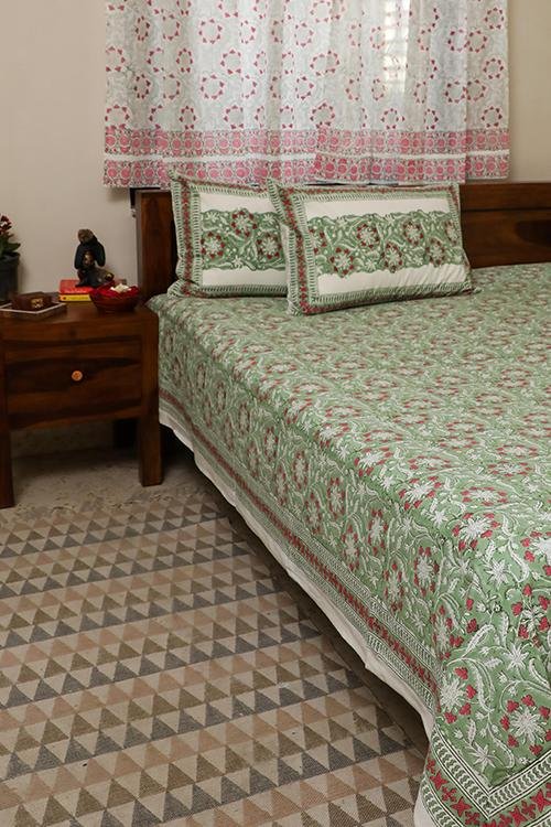 Sootisyahi 'Green Mesh' Handblock Printed Cotton Bedsheet - SootiSyahi