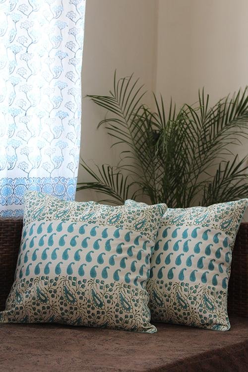 Sootisyahi 'Green Paisley' Handblock Printed Cotton Cushion Cover Set - SootiSyahi