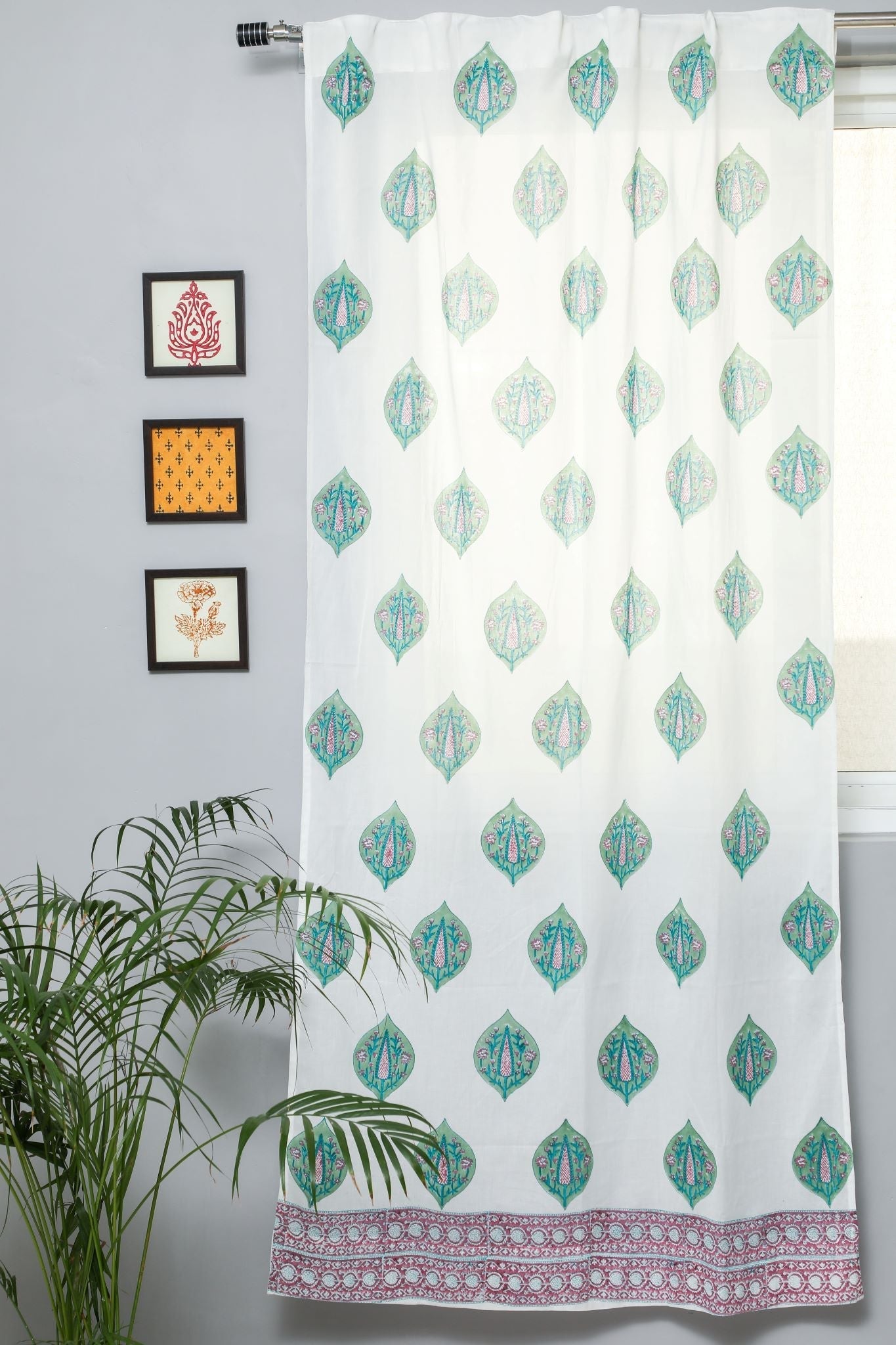 SootiSyahi 'Green Palm' Handblock Printed Cotton Door Curtain - SootiSyahi