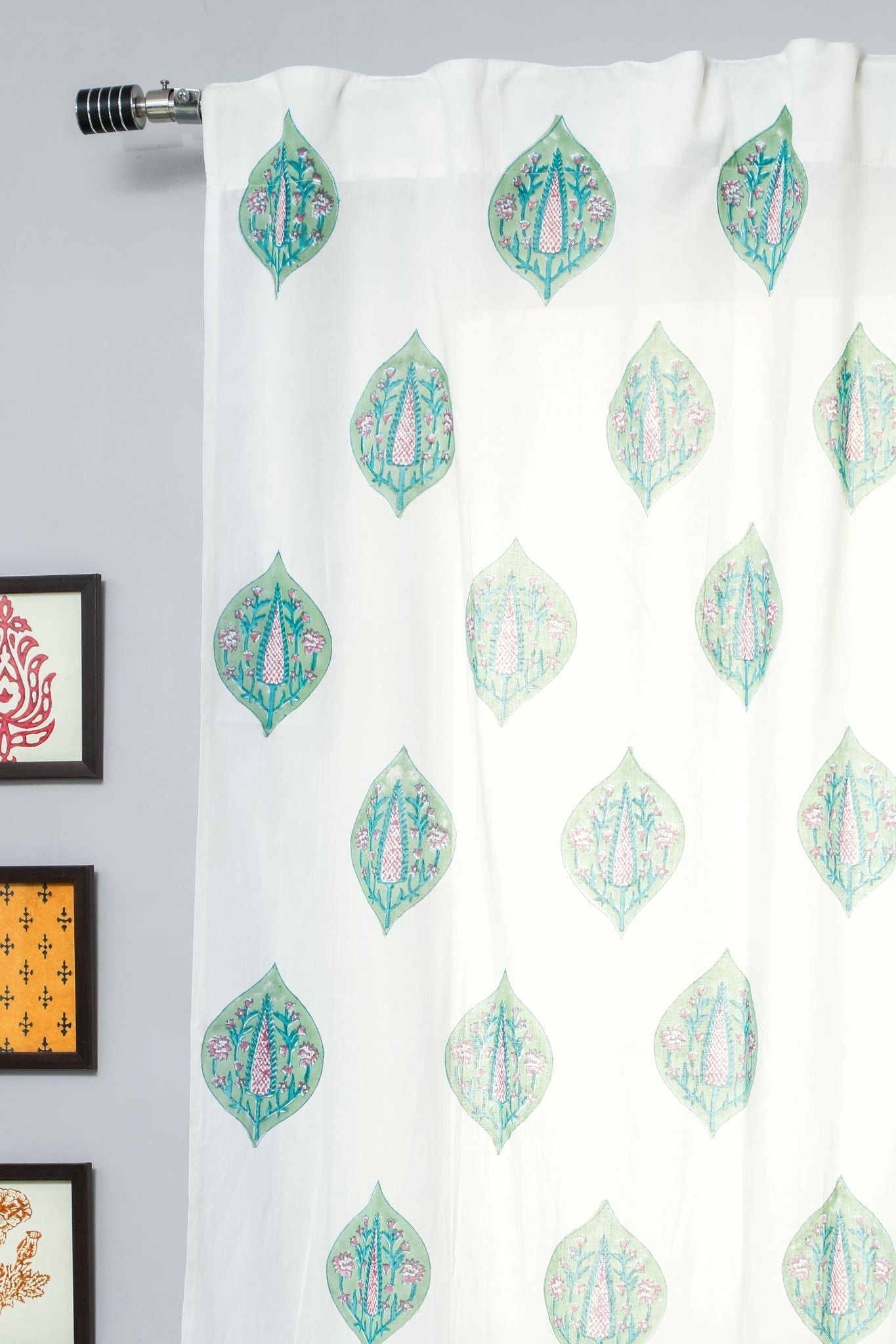 SootiSyahi 'Green Palm' Handblock Printed Cotton Door Curtain - SootiSyahi