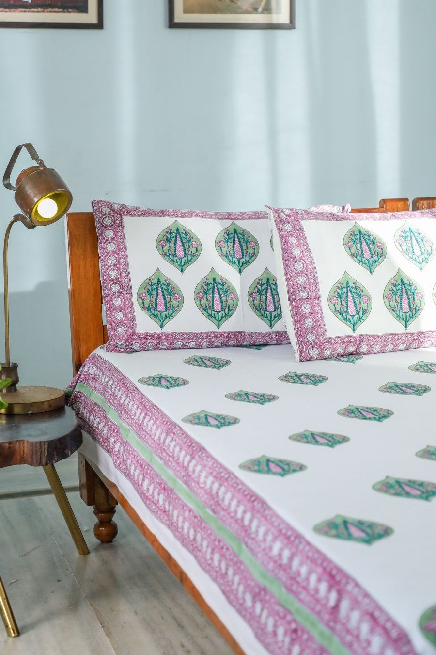 SootiSyahi 'Green & Voilet' Handblock Printed Cotton Bedsheet - SootiSyahi