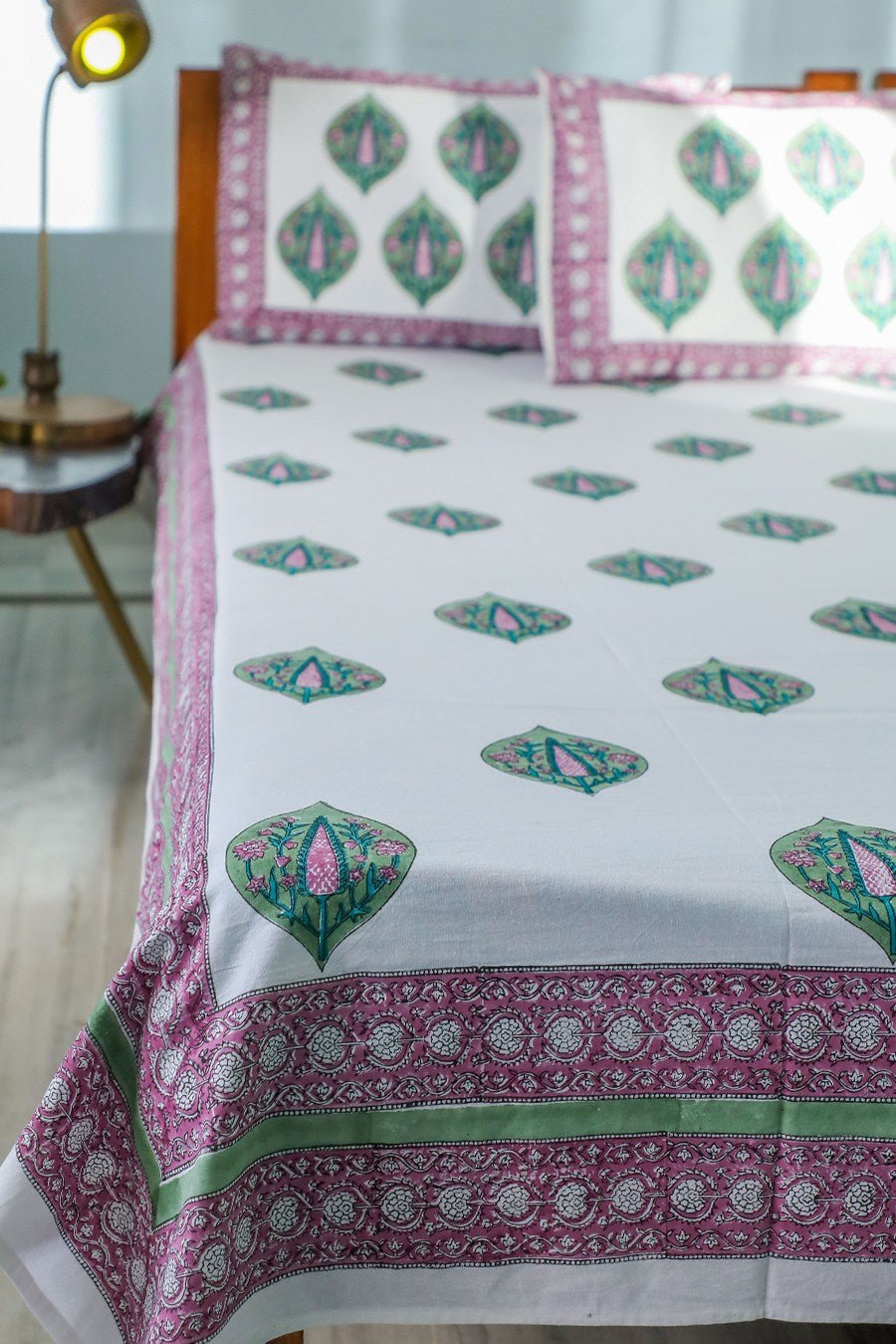 SootiSyahi 'Green & Voilet' Handblock Printed Cotton Bedsheet - SootiSyahi