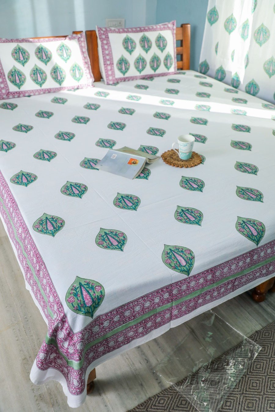 SootiSyahi 'Green & Voilet' Handblock Printed Cotton Bedsheet - SootiSyahi