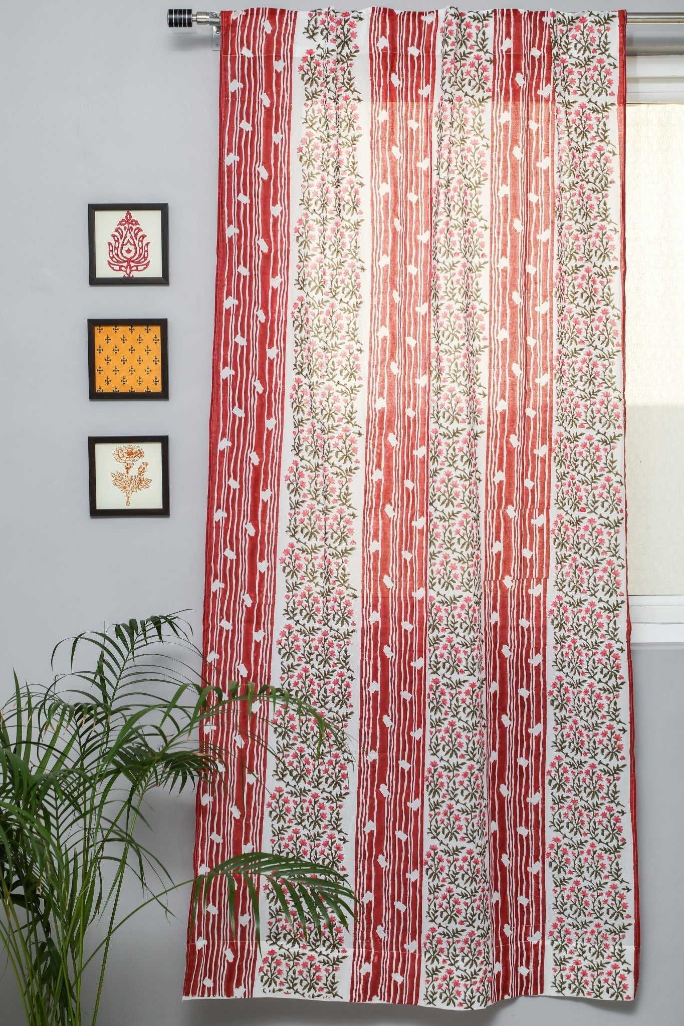 SootiSyahi 'Baileya Red' Handblock Printed Cotton Door Curtain