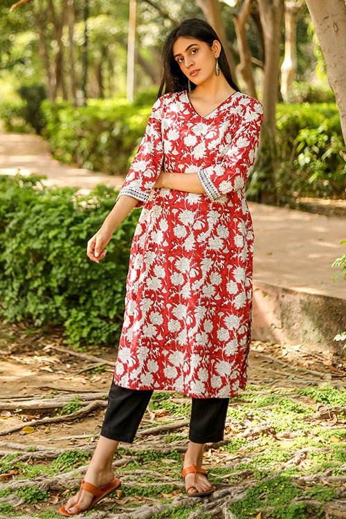Sootisyahi 'Hidden Hibiscus' Azofree Handblock Printed Pure Cotton Kurti - SootiSyahi