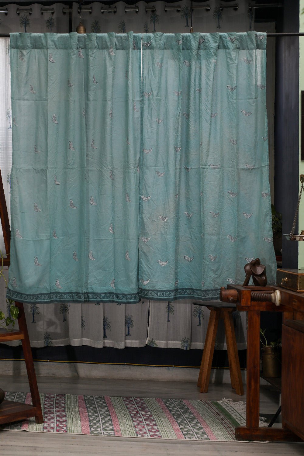 SootiSyahi 'Hiding Sparrow- Pastel Pine' Handblock Printed Cotton Window Curatin - SootiSyahi