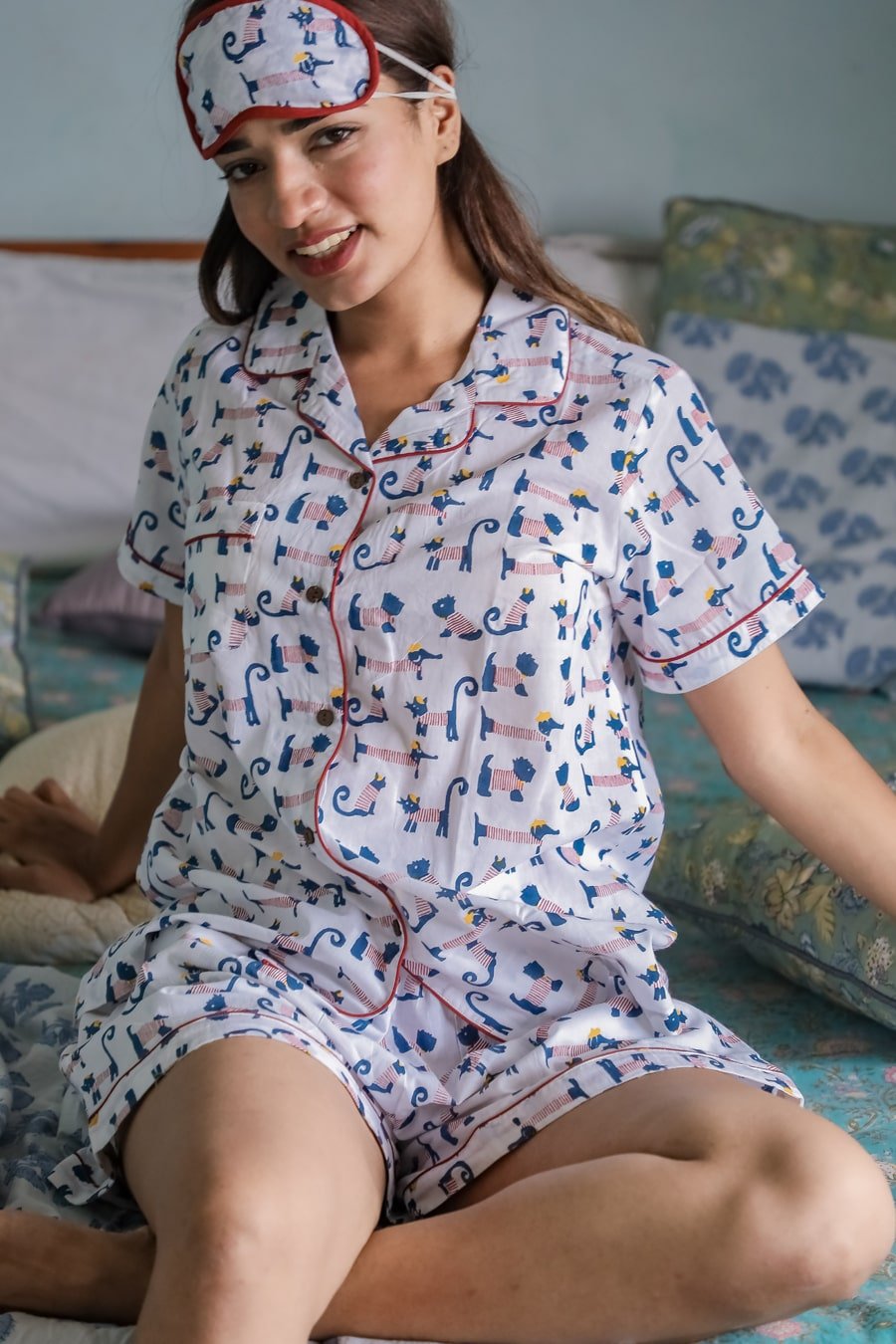 Sootisyahi 'Impish Puppy ' Azofree Handblock Printed Pure Cotton Night Suit - SootiSyahi