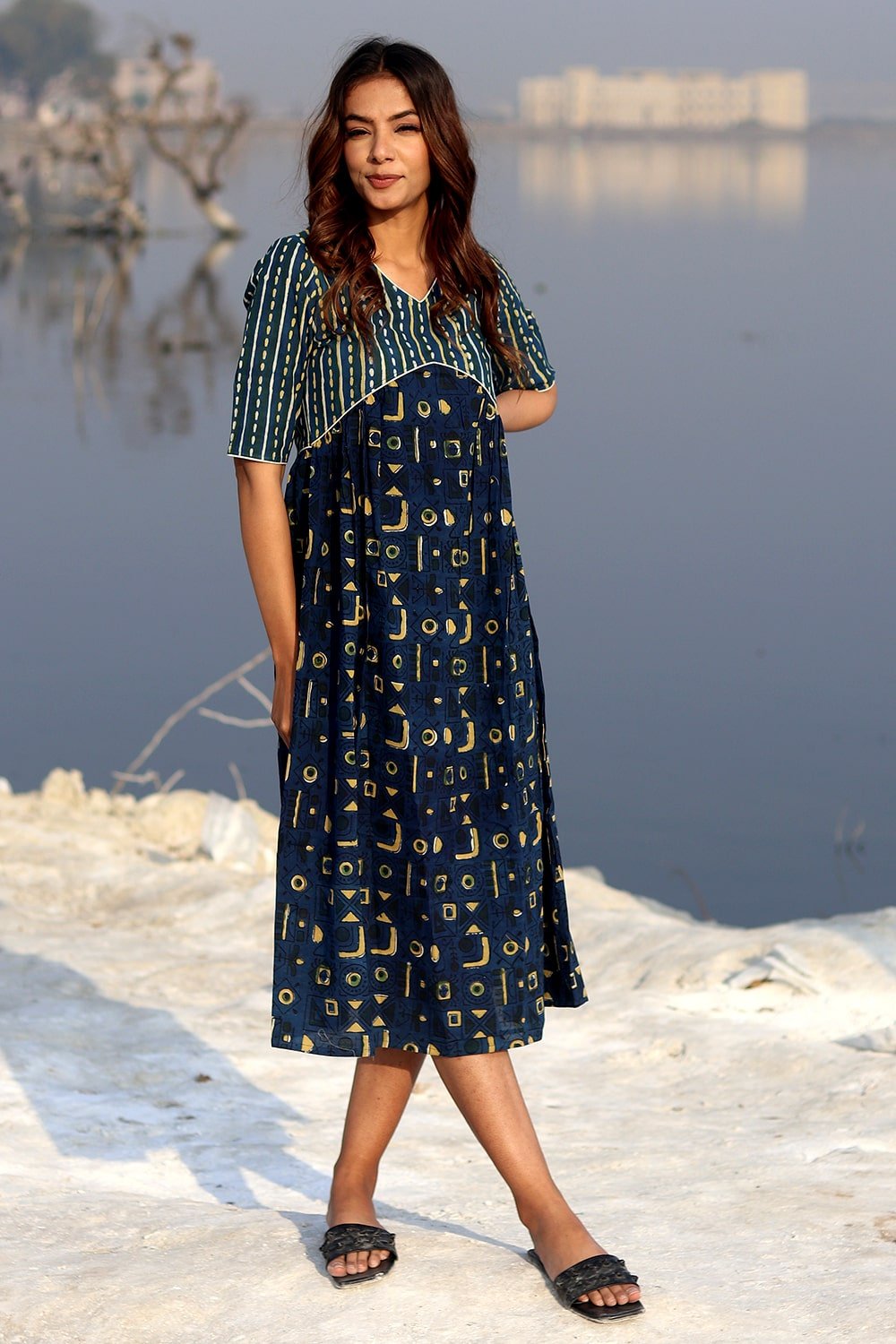 SootiSyahi 'Indigo Fusion' Block Printed Cotton Dress - SootiSyahi