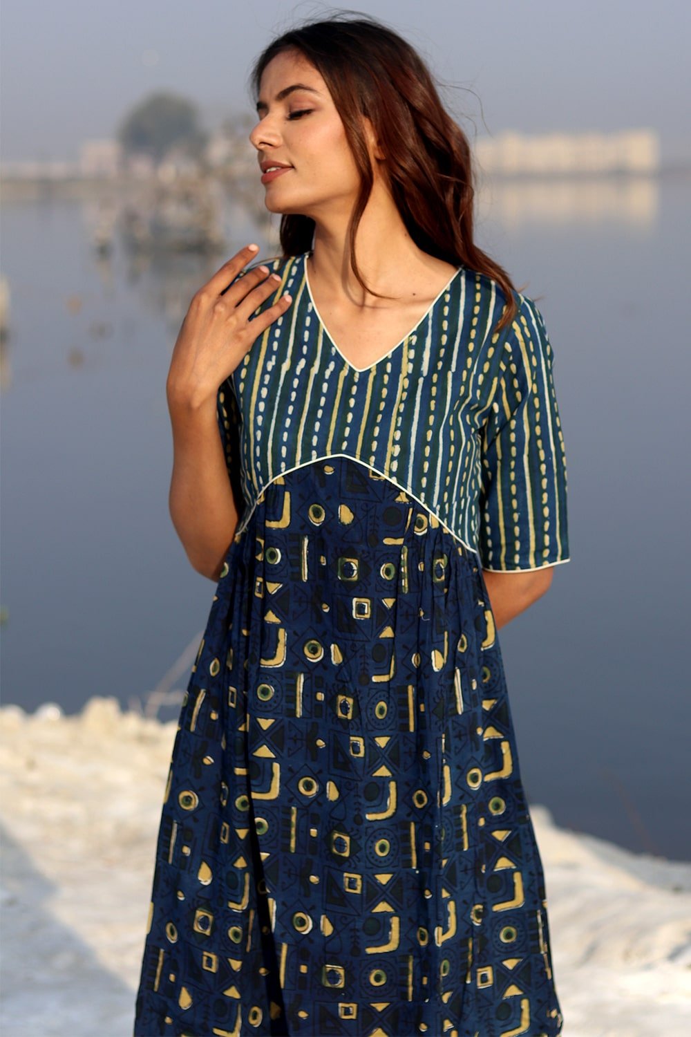 SootiSyahi 'Indigo Fusion' Block Printed Cotton Dress - SootiSyahi