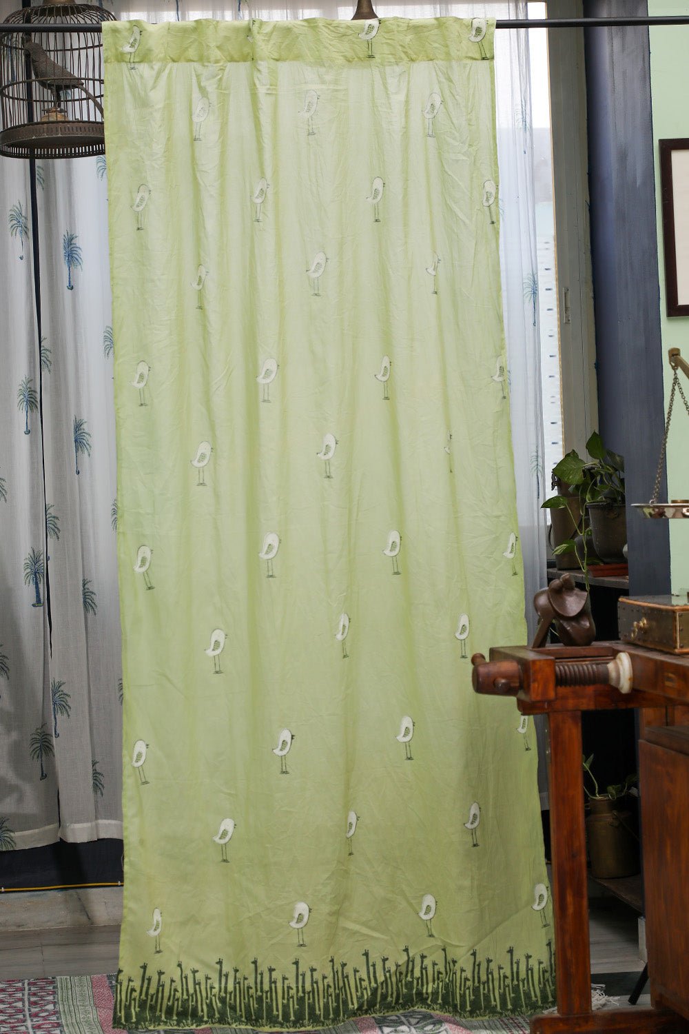 SootiSyahi 'Jungle Tale- Pastel Green' Handblock Printed Cotton Door Curatin - SootiSyahi