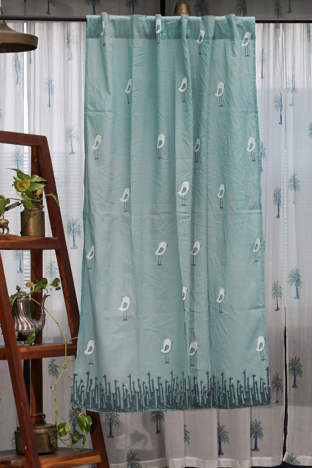 SootiSyahi 'Jungle Tale-Pastel Pine' Handblock Printed Cotton Window Curatin - SootiSyahi