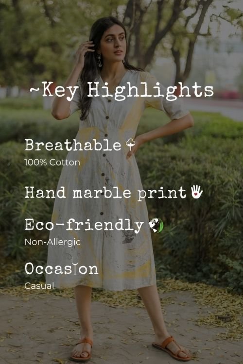 Sootisyahi 'Lemonade' Handmarble Printed Pure Cotton Dress - SootiSyahi